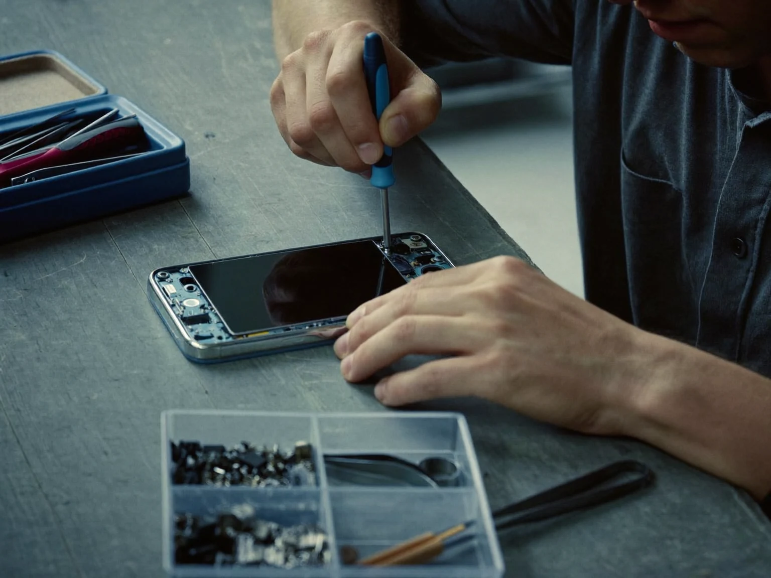 Illustration: Werkzeuge und Ersatzteile im Umfeld einer Handy-Reparatur